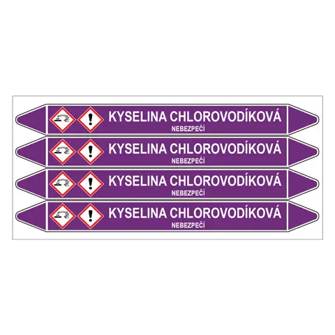 Značení potrubí, kyselina chlorovodíková,4 ks, 250 × 26 mm