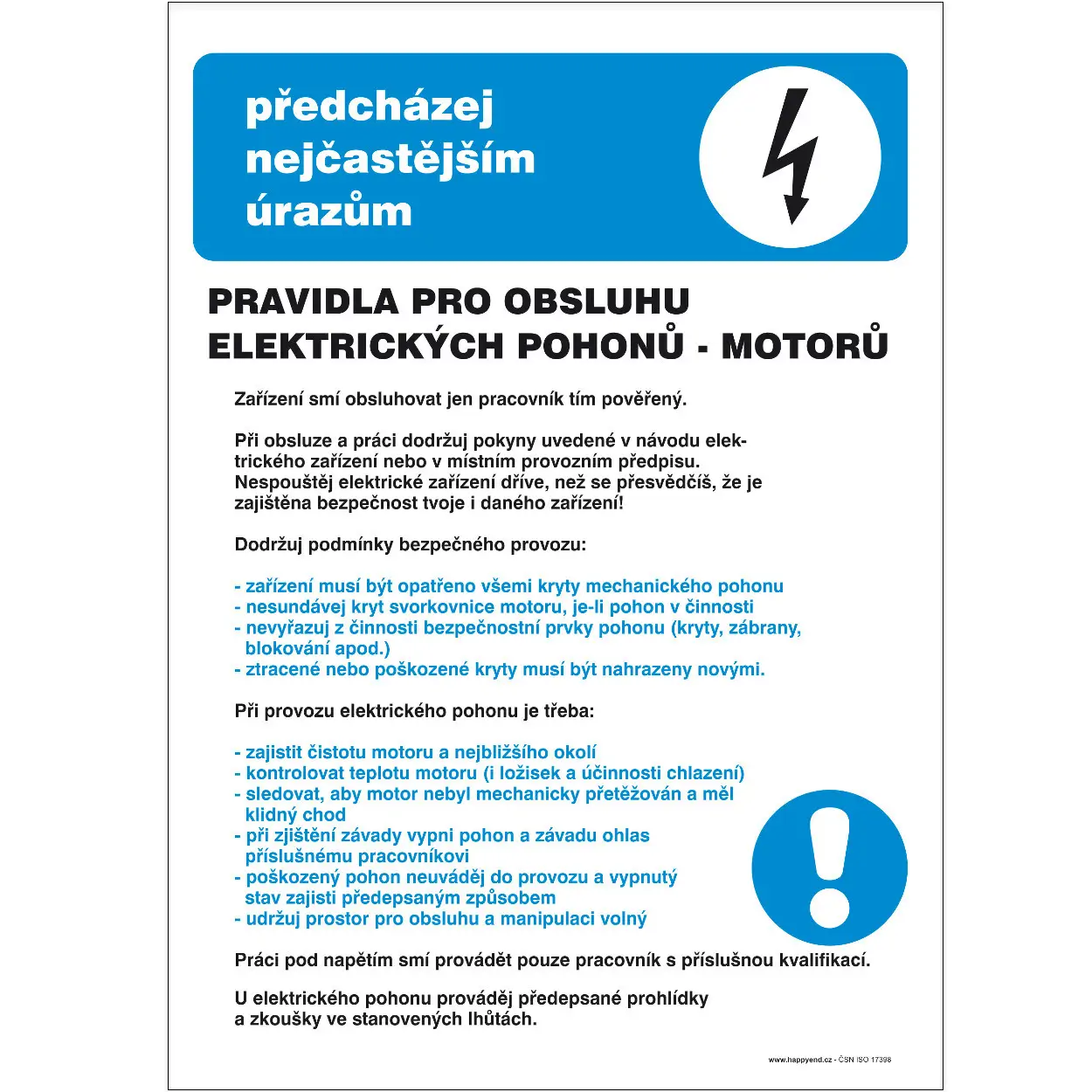 Značka Pravidla pro obsluhu elektrických pohonů (motorů)