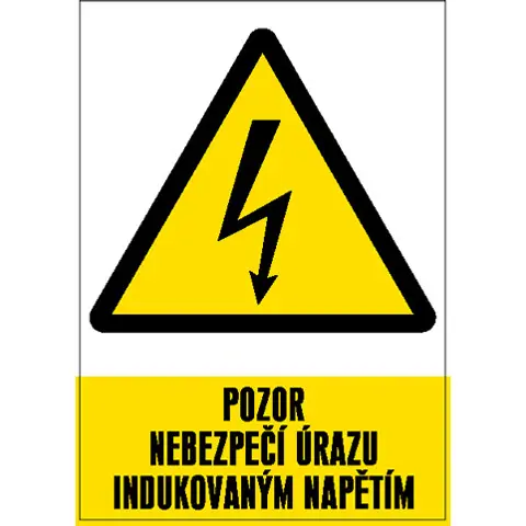 Značka Pozor – Nebezpečí úrazu indukovaným napětím, samolepicí fólie, 210 × 297 mm