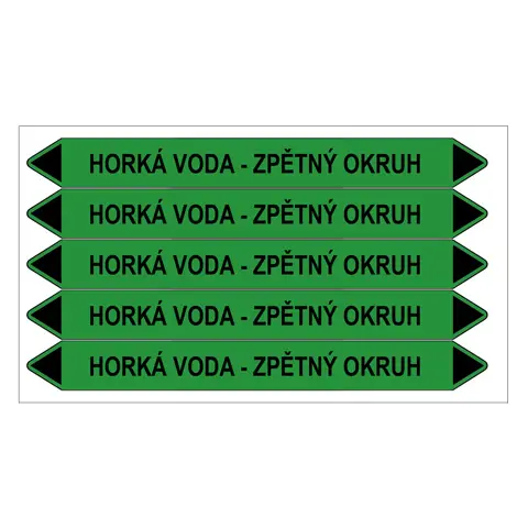 Značení potrubí, horká voda - zpětný okruh,5 ks, 150 × 12 mm